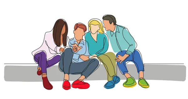 Group Friends Talking Watching Mobile Phone One Line Drawing — Stock Vector