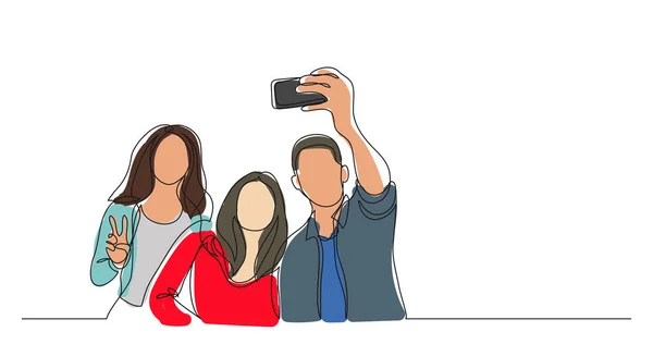 Groep Van Gelukkige Jonge Vrienden Maken Selfie Een Lijntekening — Stockvector