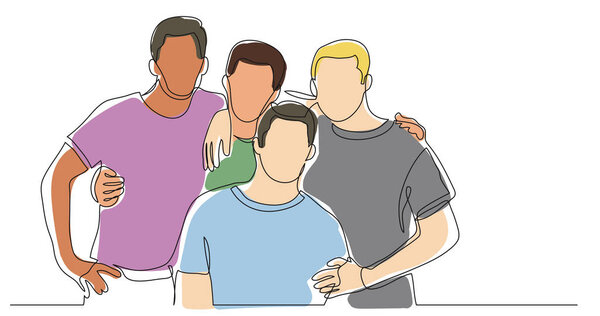 three friends standing posing together - one line drawing