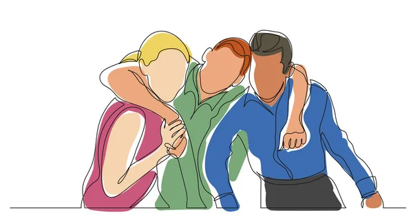 Three Friends Hugging Together One Line Drawing — Stock Vector