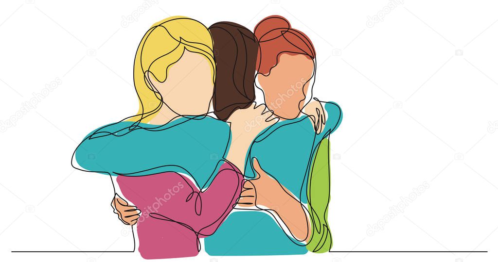 three female friends greeting hugging each other - one line drawing