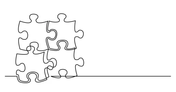 Dessin en ligne continu de quatre pièces de puzzle reliées entre elles comme métaphore de solution — Image vectorielle