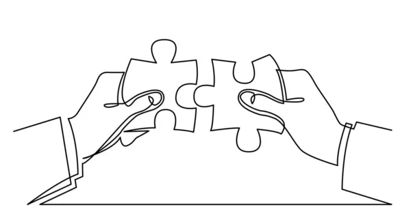 Непрерывная линия рисования рук бизнесмена, соединяющих кусочки головоломки — стоковый вектор