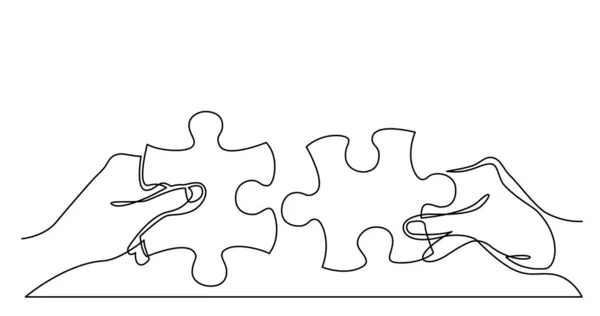 Dessin en ligne continue de deux mains avec des pièces de puzzle se connectant ensemble — Image vectorielle