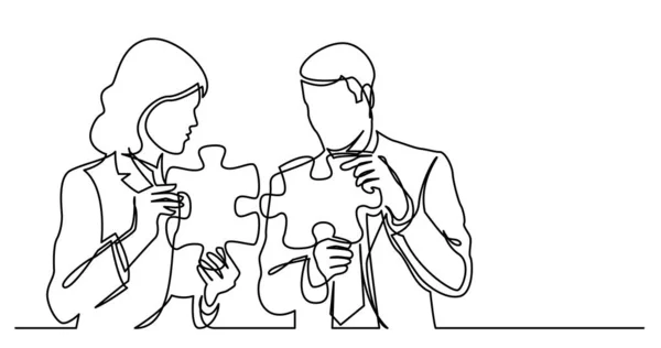 Continuous line drawing of two business persons connecting puzzle pieces together — Stock Vector