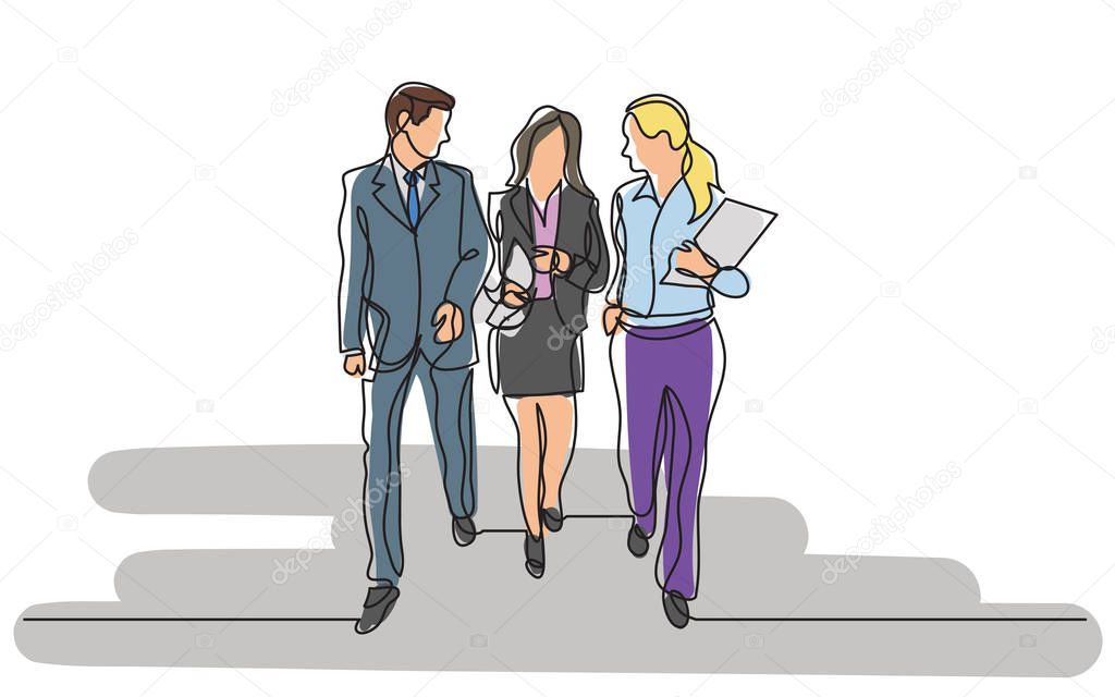 continuous line drawing of business team walking together discussing work