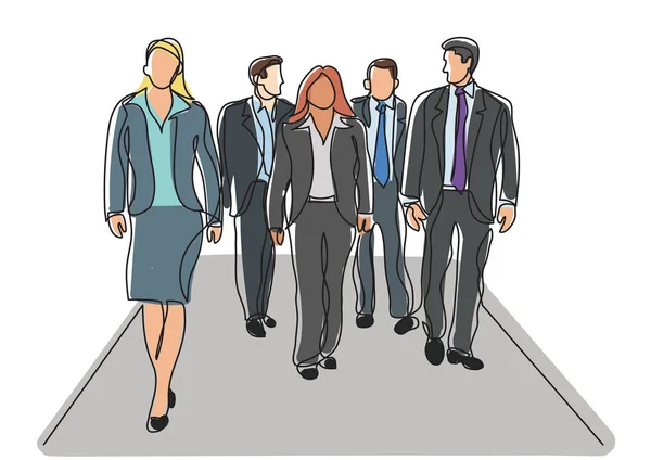 Dessin en ligne continue de l'équipe d'affaires marchant dans le corridor — Image vectorielle