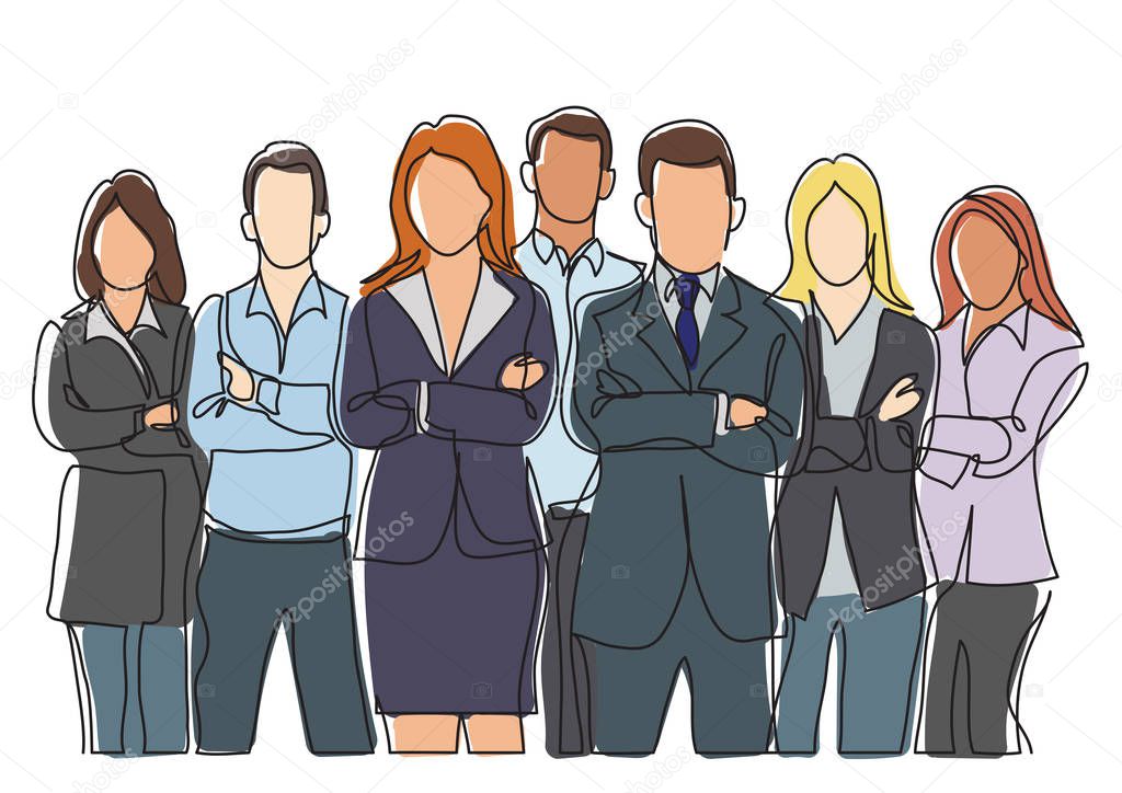 continuous line drawing of business team standing with crossed arms