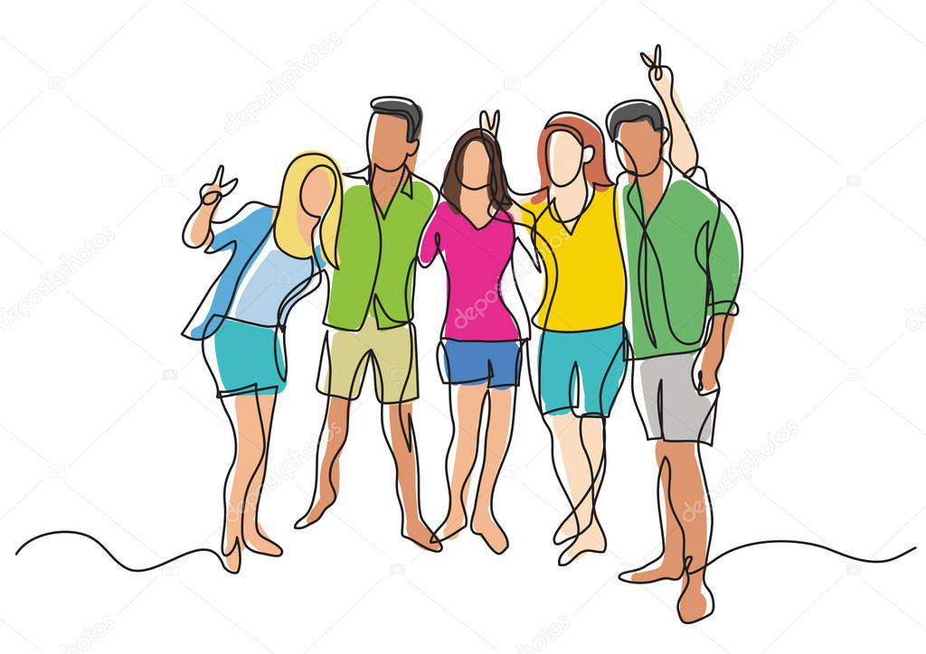 continuous line drawing of happy group of friends on beach