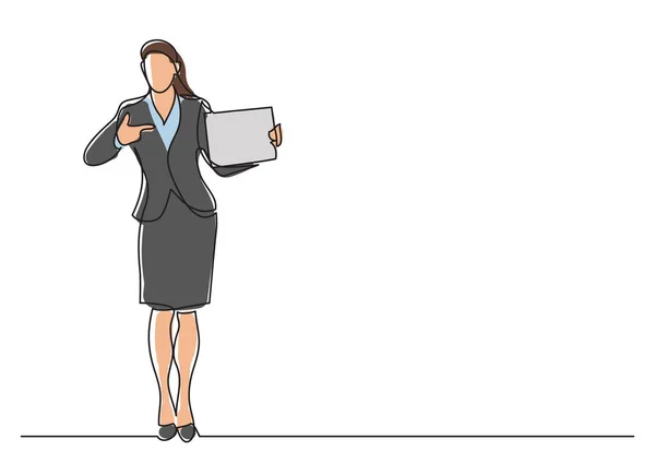 Gambar Baris Kontinu Dari Pekerja Kantor Perempuan Yang Berdiri Menunjuk - Stok Vektor