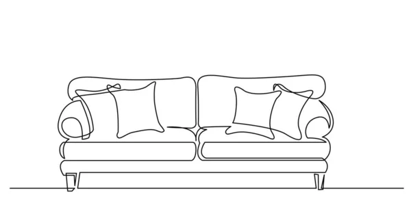 Dibujo de línea continua de gran sofá cómodo con cojines — Vector de stock