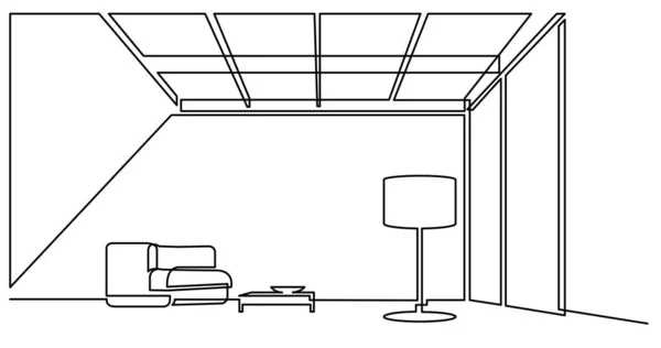 ソファと床灯付きのオープンスペースリビングルームエリアの連続線画 — ストックベクタ