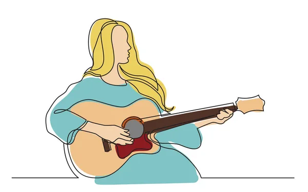 Linha Contínua Desenho Menina Tocando Guitarra Acústica — Vetor de Stock
