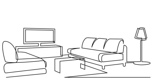 Línea continua de dibujo de sala de estar con muebles — Vector de stock