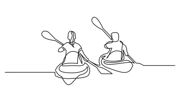 Kontinuierliche Linienzeichnung von Mann und Frau beim Kajakfahren auf schönen Gewässern — Stockvektor