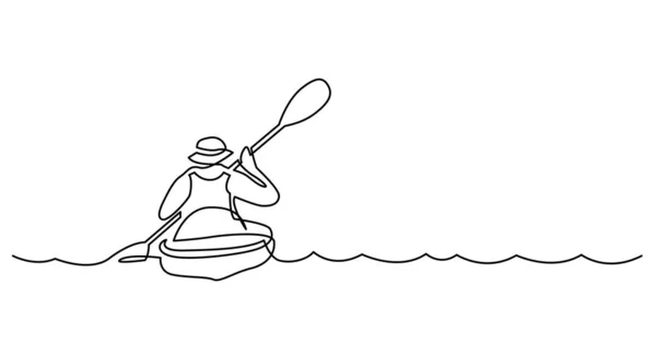 Disegno linea continua di uomo che esercita kayak sulla bella — Vettoriale Stock