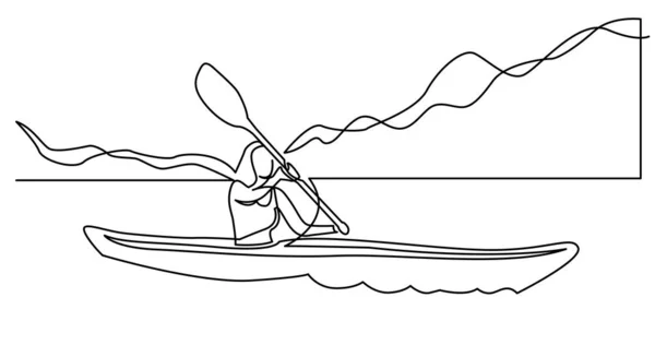 Continuous line drawing of young healthy woman kayaking on mountain lake — Stock Vector