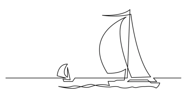 Kontinuierliche Linienzeichnung zweier wunderschöner Segelboote, die mit vollen Segeln auf See segeln — Stockvektor
