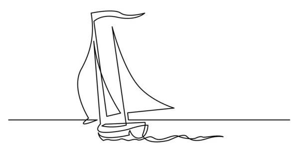 Dessin en ligne continu du yacht naviguant sur le temps venteux à travers l'océan — Image vectorielle
