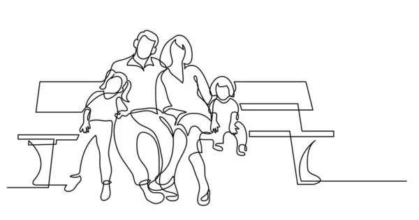 Dibujo en línea continua de la familia de cuatro sentados en el banco del parque — Vector de stock