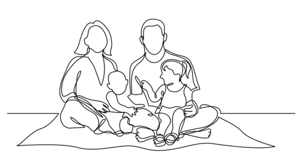 Dibujo en línea continua de la familia de cuatro sentados en la manta de picnic en el parque — Vector de stock