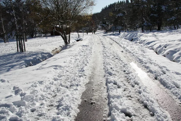 Çivi üzerinde karlı dağ yolu güneşli sabah
