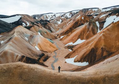 Kuş bakışı manzaralı Landmannalaugar gökkuşağı dağları. İzlanda 'nın İskoçya' sında insansız hava aracı fotoğrafçılığı. İzlanda 'da turizm