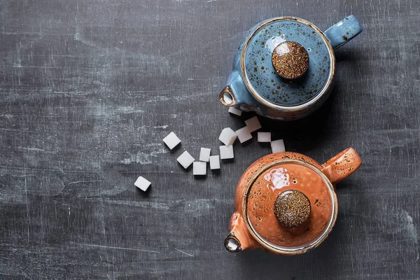 Two Teapots Dark Background Traditional Oriental Tea Drinking — Stock Photo, Image