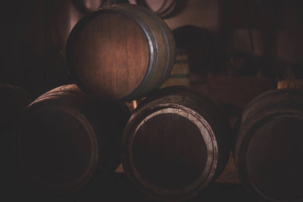 Barrel making workshop in old basement. of wooden barrels for cognac and wine, low key