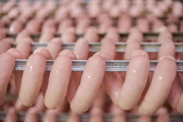 Raw sausages on racks in storage room at meat processing factory. Sausage workshop the food processing industry.