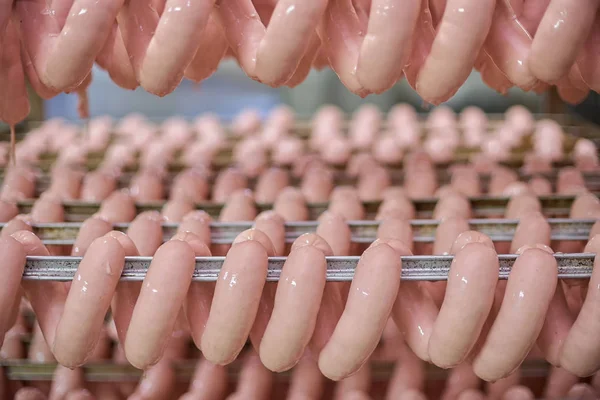 Raw sausages on racks in storage room at meat processing factory. Sausage workshop the food processing industry.