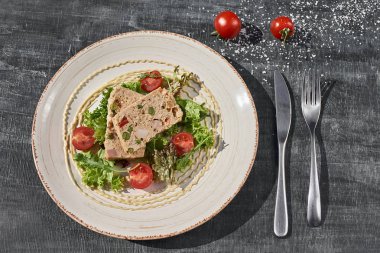Lezzetli et pate terrine ile karaciğer, deli ve kurutulmuş kızılcık. Seçici odak, üstten görünüm
