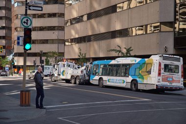 Montreal, Quebec, Kanada, 14 Eylül 2018: Trol bir kamu römorkör otobüsü tarafından tahliye ediliyor kavşakta yayalar. Sokakta yaşam kavramı.