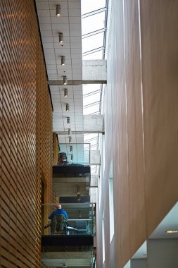 Montreal, Quebec, Canada, September 29, 2018: Man reading on his laptop in one of the rooms of the Montreal Library, also called Bibliotheque et Archives nationales du Quebec, or Banq Grande Bibilothe