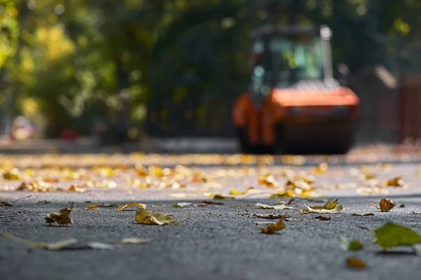 Onscherpe achtergrond, reparatie wegen. Wegenbouw. Nieuw, net gelegd asfalt, bladeren van een boom op de weg. — Stockfoto