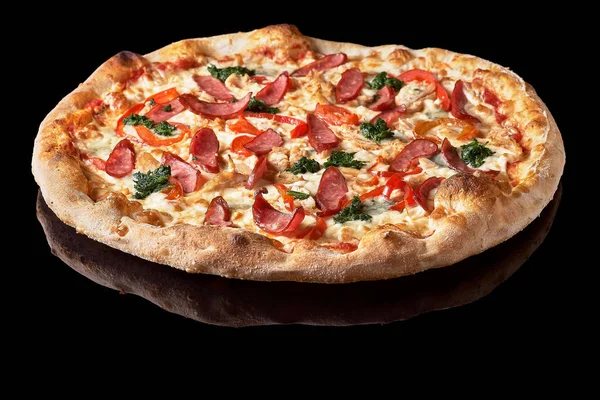 Pizza menu. Delicious hot pizza Mario with chicken, sausage and cheese. Delicious traditional Italian pizza on an isolated black background