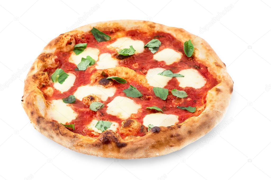 Pizza Margherita on white isolated background. Pizza Margarita with Tomatoes, Basil and Mozzarella Cheese.