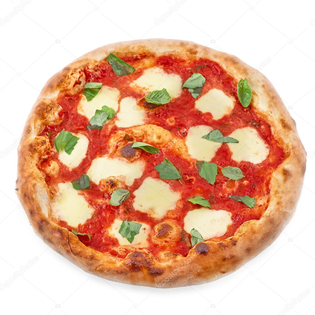 Pizza Margherita on white isolated background. Pizza Margarita with Tomatoes, Basil and Mozzarella Cheese.