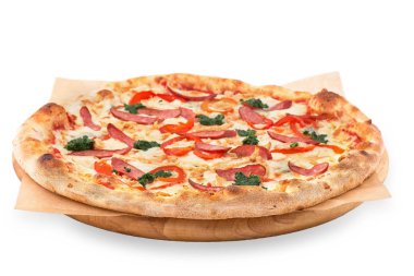 Pizza menüsü. Tavuk, sosis ve peynir ile lezzetli sıcak pizza Mario. İzole beyaz arka planda lezzetli geleneksel Italyan pizza