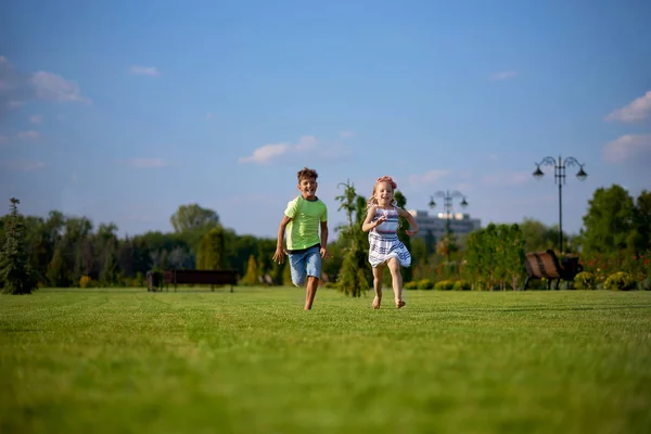 Two happy little kids having fun while running through the grassy field and racing against each other. children running around the green lawn, happy and cheerful, running away to the summer park — Stock Photo, Image