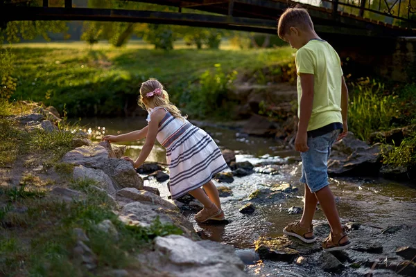 Dos niños felices, jugar en el río, moverse sobre los guijarros. El alegre hermano y la hermana se ríen juntos. Niños felices divirtiéndose en el césped del parque. Día de los Niños —  Fotos de Stock