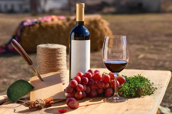 Dégustation Vin Plein Air Verre Vin Bouteille Avec Étiquette Vierge — Photo