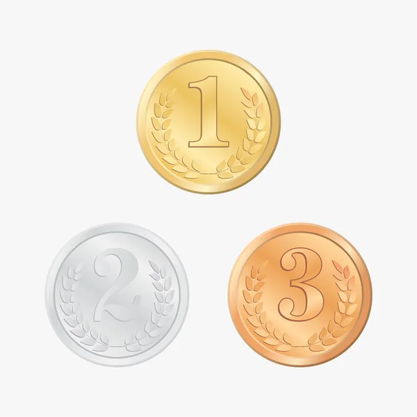 Altın Gümüş bronz madalya vektör, birinci ikinci üçüncü yerleştirme, kazanan ödül, rekabet oyunu ile metal gerçekçi rozet ayarla