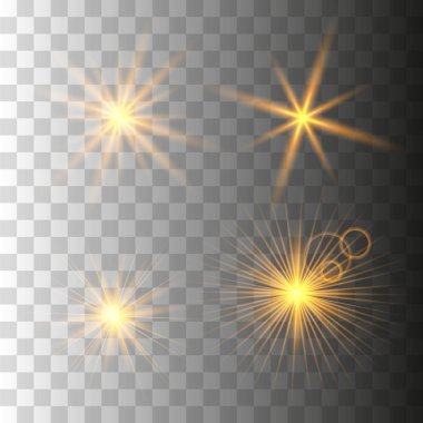 Altın parlayan ışık kümesi şeffaf bir arka plan üzerinde patladı. Köpüklü büyülü toz parçacıkları. Parlak yıldız. Güzel bir gün, parlak ışık şeffaf. Vektör parıldıyor. Parlak bir ışık ortalamak için.