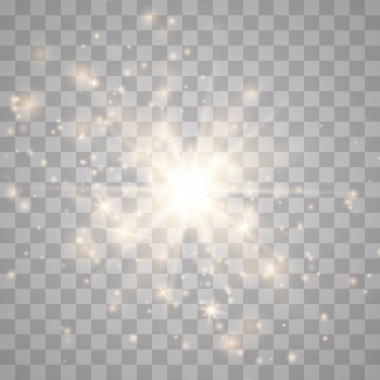 Parlama ışık efekti ile kıvılcım ve altın yıldız ile özel ışık parlaklık. Beyaz parlak ışık. Yıldız ışık ışınları. Arkadan aydınlatmalı güneştir. Parlak güzel yıldızı. Güneş ışığı. Eps10.