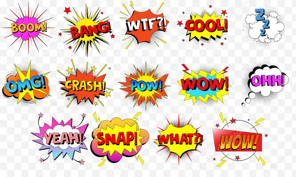 Comic speech bubbles or sound replicas set. Vector cartoon explosions with different emotions.Color graphics for brochures, leaflets, cards and sales. Vector illustration EPS10