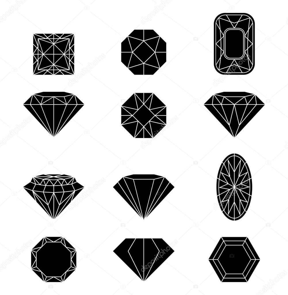 Set of black diamonds in a flat style isolated on white background. Jewels and diamonds collection.