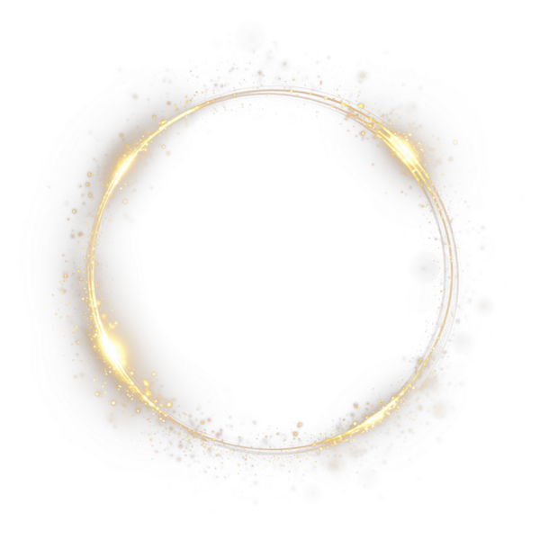 Parıldayan ışık parçacıkları olan zarif altın bir halka. Parlak yuvarlak çerçeve, parıltılı ve bokeh efektli. Kaplama ve dekorasyon için izole edilmiş PNG