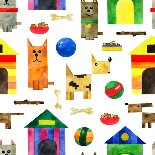 Hundar Upprepa Sömlösa Mönster Tecknad Stil Akvarell Och Digital Hand — Stockfoto