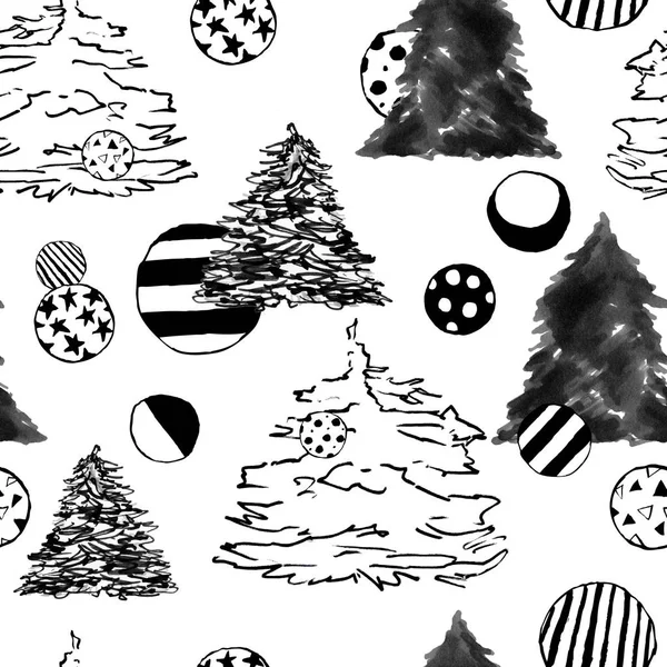 Siyah ve beyaz sorunsuz arka plan deseni. Yeni yıl ve Noel ağaçları. Süsleme işaretleri kroki.